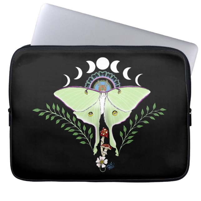 Luna Moth Maan Phases Zwart Laptop Sleeve (Voorkant)