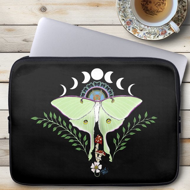 Luna Moth Maan Phases Zwart Laptop Sleeve (Creator heeft geüpload)