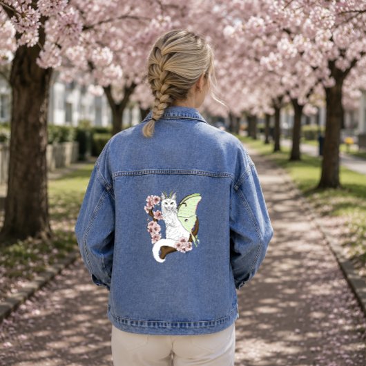 Luna Moth Maan Witte Kat Groen Denim Jacket