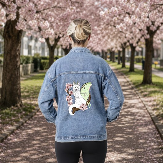 Luna Moth Maan Witte Kat Groen Denim Jacket