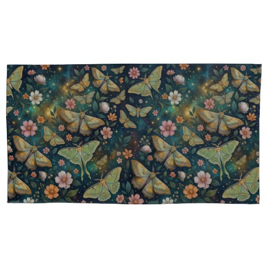 Luna Moth & Moon Phases, Starry Night Flowers Kussensloop (Voorkant-Links)