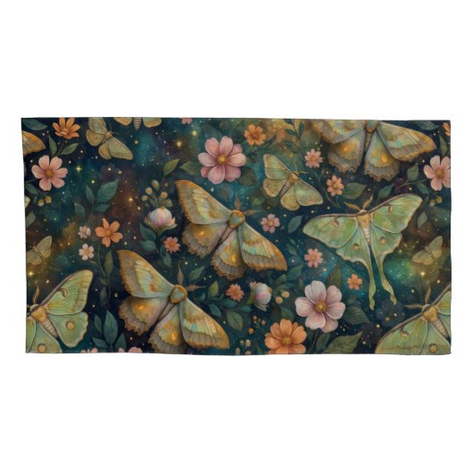 Luna Moth & Moon Phases, Starry Night Flowers Kussensloop (Achterkant-Rechts)