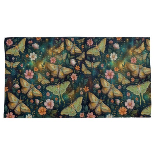 Luna Moth & Moon Phases, Starry Night Flowers Kussensloop (Voorkant-Rechts)