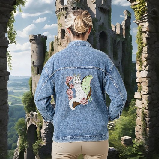 Luna Moth Moon Witte Kat Groen Denim Jacket