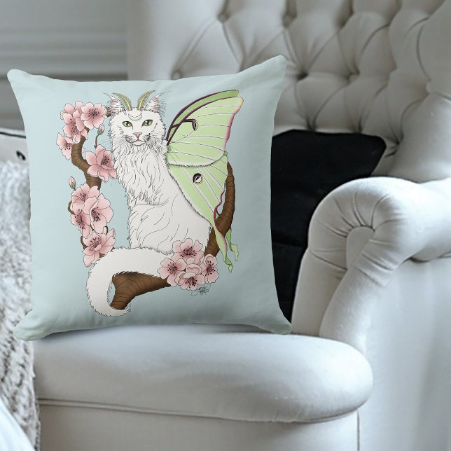 Luna Moth Moon Witte Kat Groen Kussen (Creator heeft geüpload)