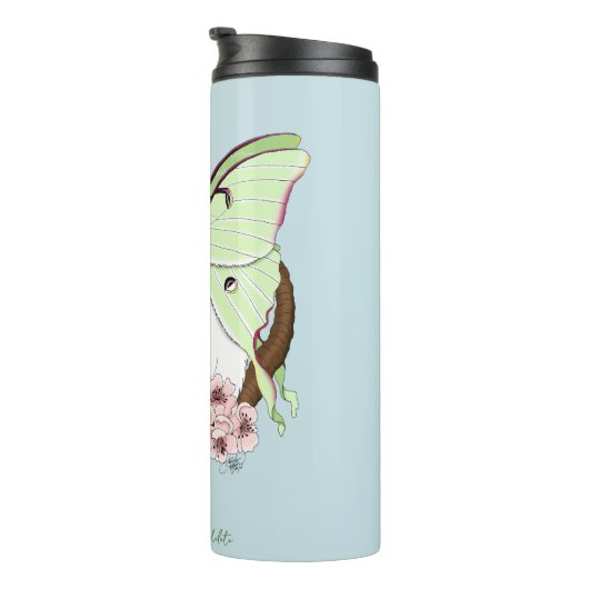 Luna Moth Moon Witte Kat Groen Thermosbeker (Geroteerd rechts)