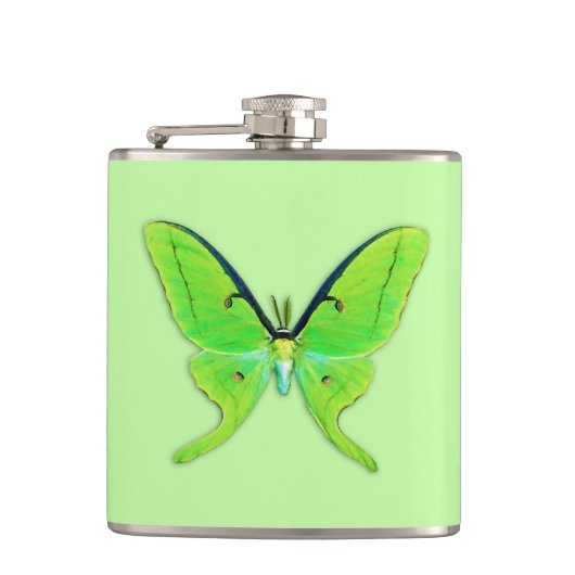 Luna moth op een bleke groene achtergrond heupfles (Voorkant)