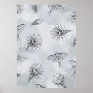 Luna Moths Lotus Bloemen Misty Blauwe Patroon Post Poster