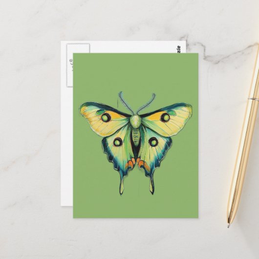Luna-motschildering op groen briefkaart (Voorkant / Achterkant in situ)
