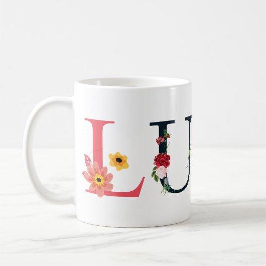LUNA naam kunst met bloemen geborduurd Koffiemok (Links)