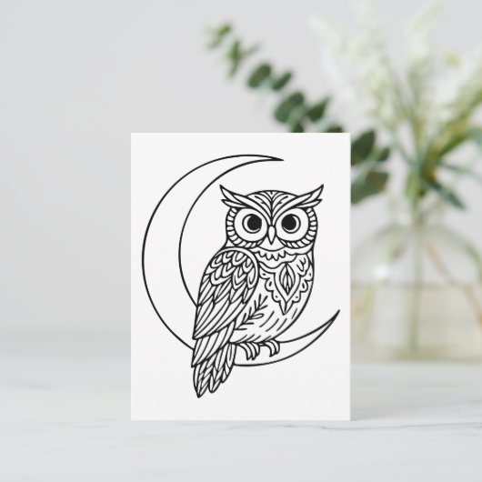 Luna Owl Line Art with Crescent Moon Briefkaart (Staand voorkant)