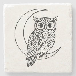 Luna Owl Line Art with Crescent Moon Stenen Onderzetter