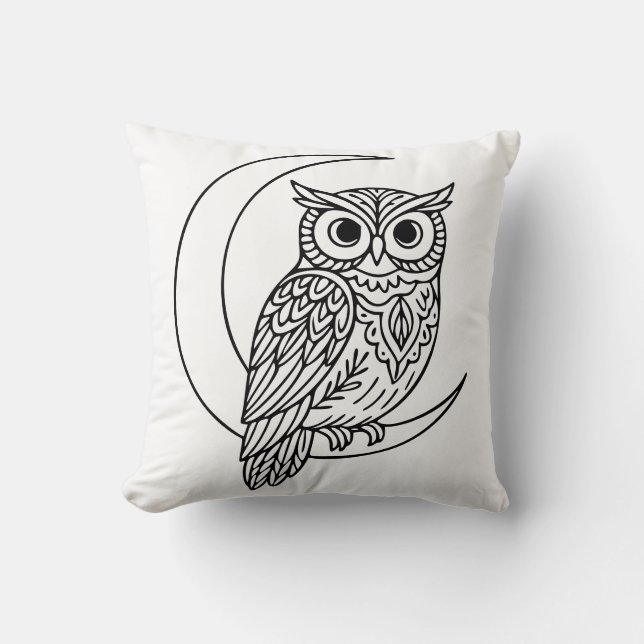 Luna Uil Lijn Kunst met Halve Maan Kussen (Voorkant)