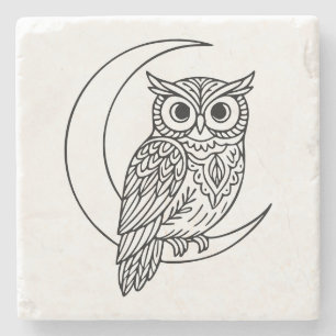 Luna Uil Lijnkunst met Halve Maan Stenen Onderzetter