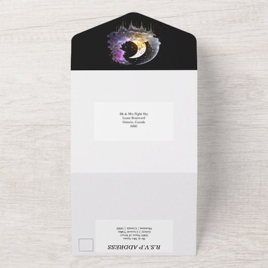 Luna volle maan halve maan hemels mystiek elegant all in one uitnodiging (Buitenkant)