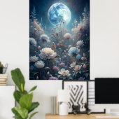 Lunar Bloom – Volle Maan en Wilde Bloementuin Kuns Poster (Thuiskantoor)