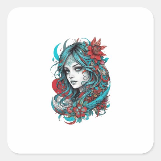 Lunar Blossom Reverie Turquoise Moonchild Crimson Vierkante Sticker (Voorkant)