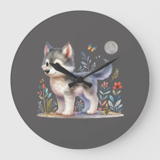 Lunar Cub - Baby Wolf Wall Clock Grote Klok (Voorkant)