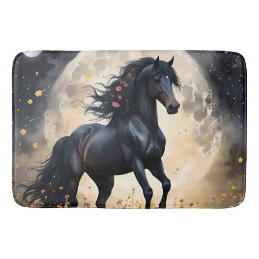 Lunar Elegance: Black Fantasy Paard met Maan Badmat (Voorkant)