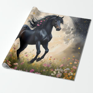 Lunar Elegance: Black Fantasy Paard met Maan Cadeaupapier