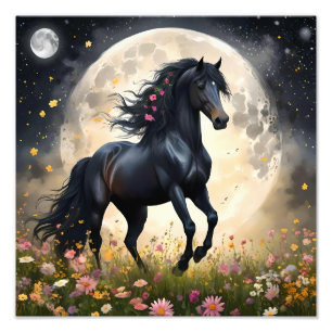 Lunar Elegance: Black Fantasy Paard met Maan Foto Afdruk
