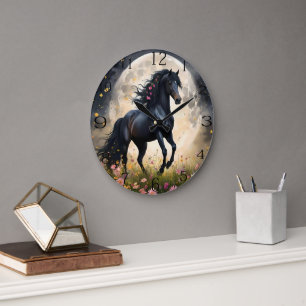 Lunar Elegance: Black Fantasy Paard met Maan Grote Klok
