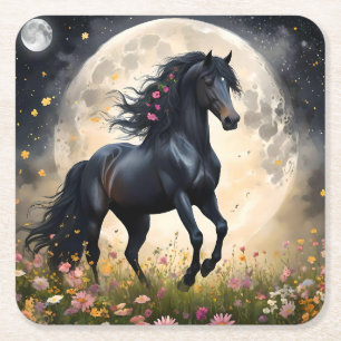 Lunar Elegance: Black Fantasy Paard met Maan Kartonnen Onderzetters