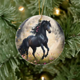 Lunar Elegance: Black Fantasy Paard met Maan Keramisch Ornament