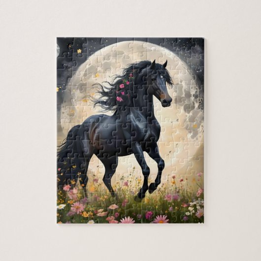 Lunar Elegance: Black Fantasy Paard met Maan Legpuzzel (Verticaal)