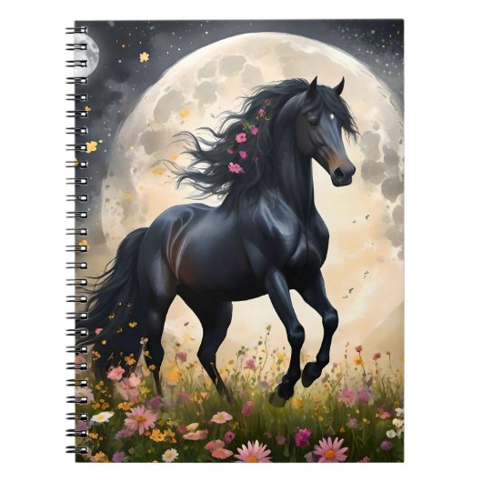 Lunar Elegance: Black Fantasy Paard met Maan Notitieboek (Voorkant)