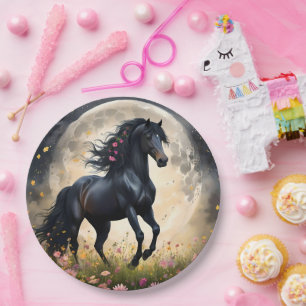 Lunar Elegance: Black Fantasy Paard met Maan Papieren Bordje