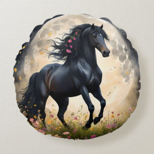 Lunar Elegance: Black Fantasy Paard met Maan Rond Kussen