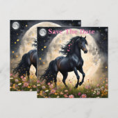 Lunar Elegance: Black Fantasy Paard met Maan Save The Date (Voorkant / Achterkant)