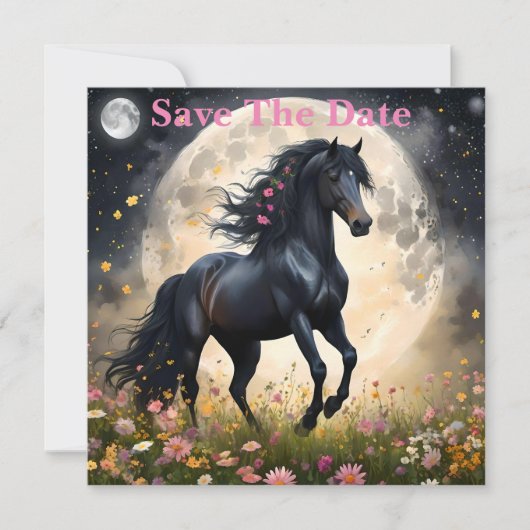 Lunar Elegance: Black Fantasy Paard met Maan Save The Date (Voorkant)