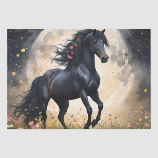 Lunar Elegance: Black Fantasy Paard met Maan Tissuepapier (Voorkant)