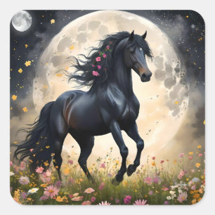 Lunar Elegance: Black Fantasy Paard met Maan Vierkante Sticker