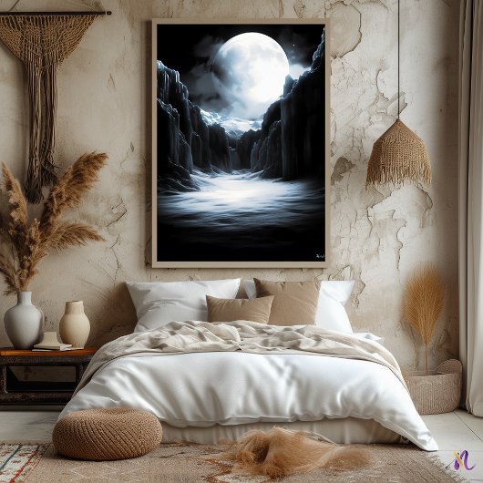 Lunar Ice Canyon - Monochrome maanverlichte landsc Poster