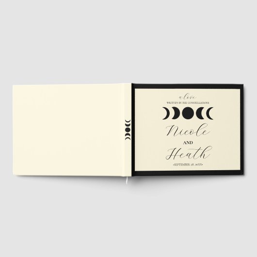 Lunar Luxe Black & Cream Moon Phase Wedding Gastenboek (Volledig)