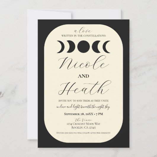 Lunar Luxe Black & Cream Moon Phase Wedding Kaart (Voorkant)