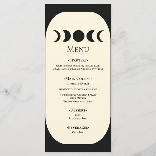 Lunar Luxe Black & Cream Moon Phase Wedding Menu (Voorkant)