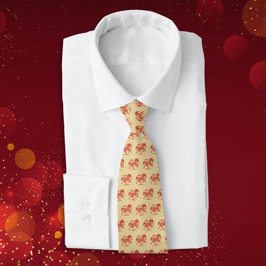Lunar New Year Red Horse n Clouds on Gold Pattern Stropdas