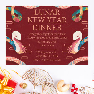Lunar Nieuwjaarsdiner met artistiek slangenontwerp Kaart