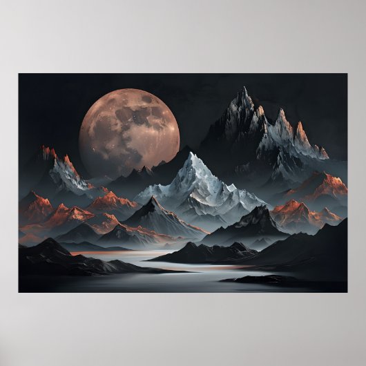 Lunar Rise Over Alien Peaks - Surrealistische Berg Poster (Voorkant)
