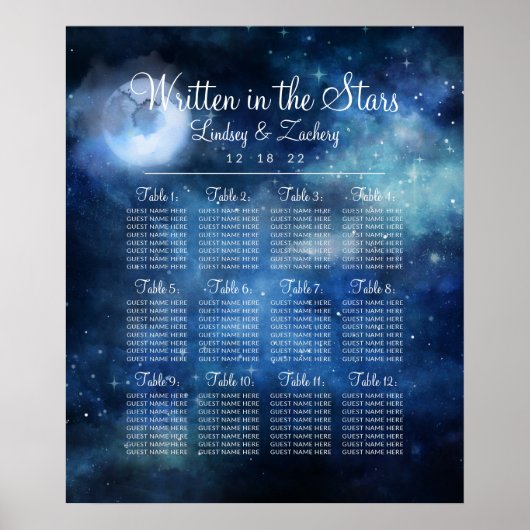 Lunar Sky Full Moon Wedding Table Seating Chart Poster (Voorkant)
