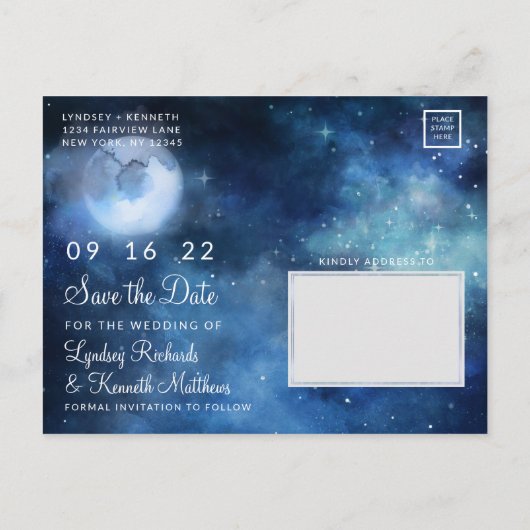 Lunar Sky Volle Maan Celestial Galaxy Save the Dat Aankondigingskaart (Achterkant)