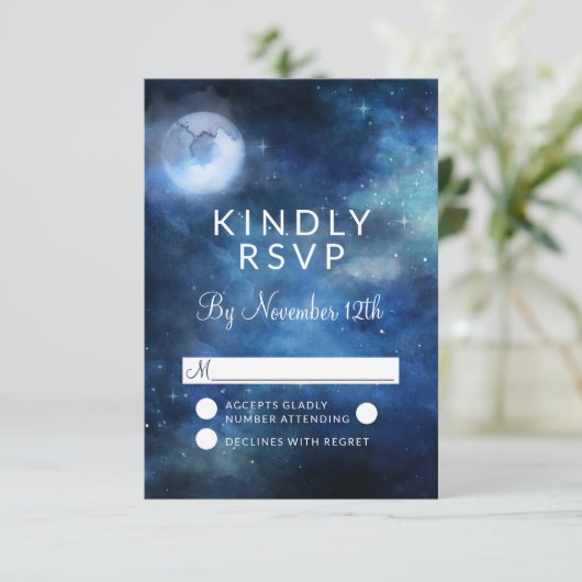 Lunar Sky Volle Maan Hemelse Bruiloft RSVP Antwoor Kaartje (Staand voorkant)