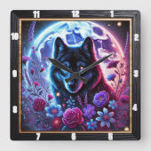 Lunar Wolf en Floral Thema Design Vierkante Klok (Voorkant)