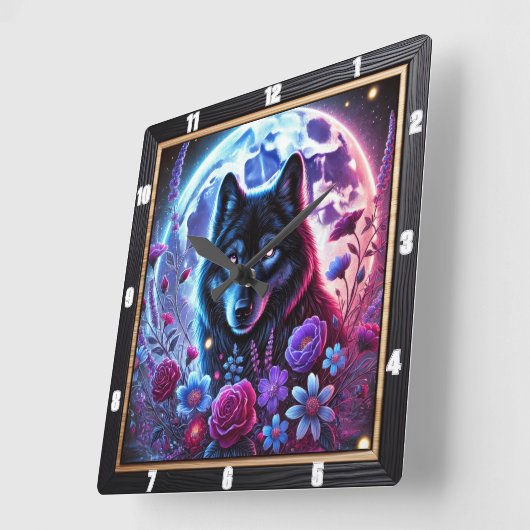 Lunar Wolf en Floral Thema Design Vierkante Klok (Hoek)