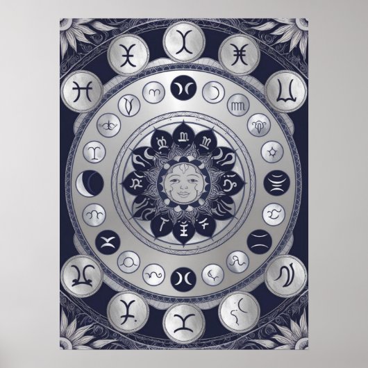 Lunar Zodiac Mandala - Maan Fasen Astrologie Kunst Poster (Voorkant)