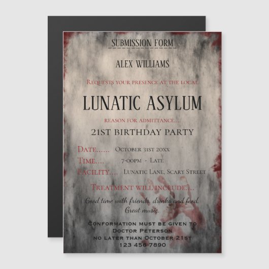 Lunatic Asilum Halloween Birthday Magnetische Uitnodiging (Voorkant / Achterkant)